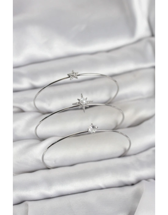 ® Gümüş Renk Kutup Yıldızı Model Zirkon Taşlı 3lü Kadın Bileklik Kombini