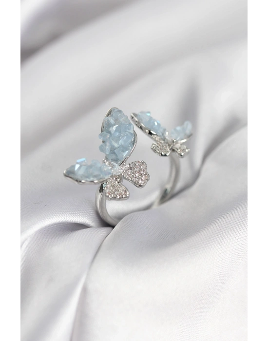 ® Gümüş Renk Mavi Kelebek Model Zirkon Taşlı Kadın Yüzük