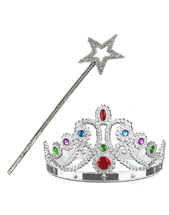 Gümüş Renk Metalize Prenses Tacı Ve Metalize Prenses Yıldız Asası