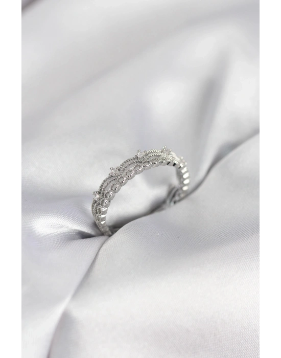 ® Gümüş Renk Motif Desenli Zirkon Taşlı Kadın Yüzük