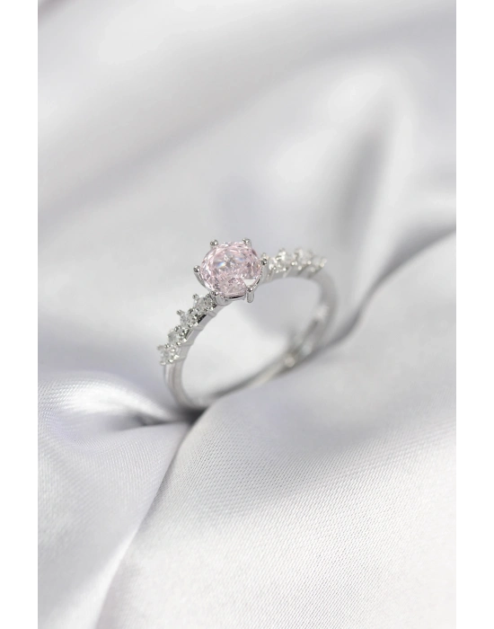 ® Gümüş Renk Pembe Tek Taş Model Zirkon Taşlı Kadın Yüzük