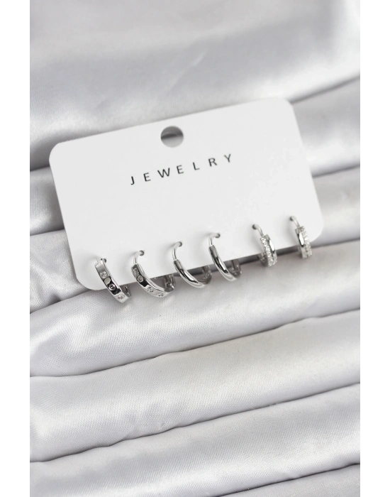 ® Gümüş Renk Pirinç 3 Çift Kadın Küpe Seti