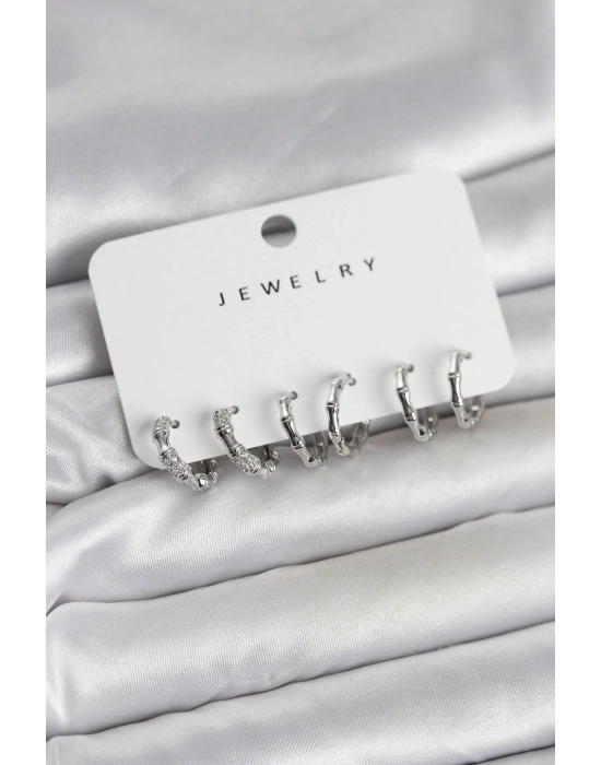 ® Gümüş Renk Pirinç Kemik Model 3 Çift Kadın Küpe Seti