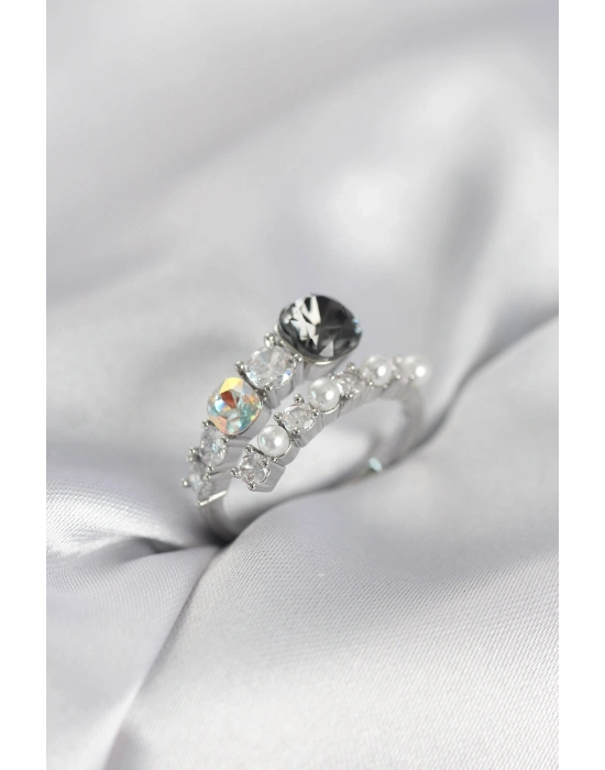 ® Gümüş Renk Pirinç Zirkon Taşlı İncili Kadın Yüzük