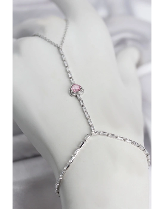 Gümüş Renk Pirinç Zirkon Taşlı Pembe Kalp Model Şahmeran