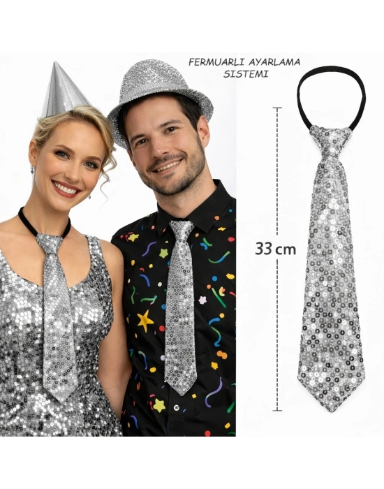 Gümüş Renk Pul Payetli Işıltılı Parti Kravatı 33 cm