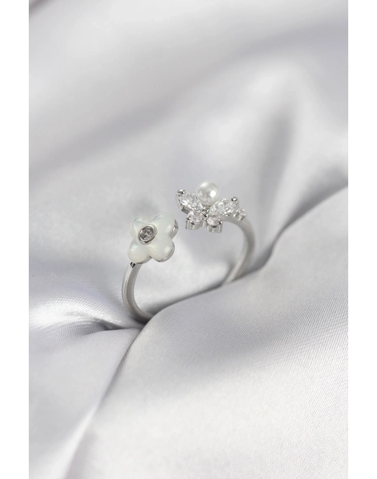 ® Gümüş Renk Sedefli Çiçek Model Kadın Yüzük