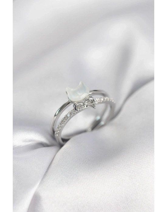 ® Gümüş Renk Sedefli Kedi Model Fiyonklu Zirkon Taşlı Kadın Yüzük