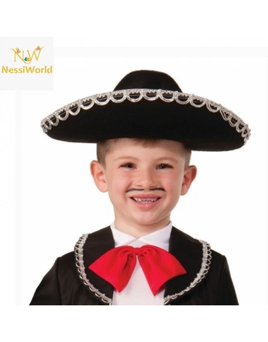 ® Gümüş Renk Şeritli Meksika Mariachi Latin Şapkası 55 cm Çocuk