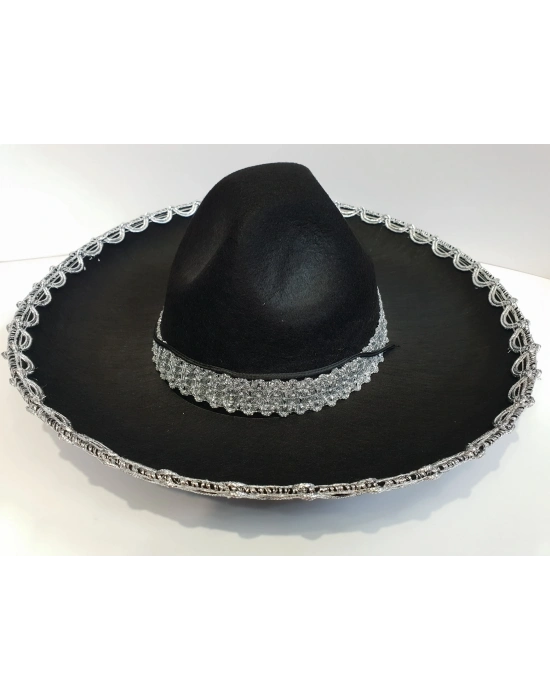 Gümüş Renk Şeritli Meksika Mariachi Latin Şapkası 55 Cm Çocuk