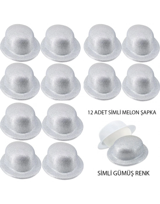 Gümüş Renk Simli Melon Yuvarlak Parti Şapkası 12 Adet
