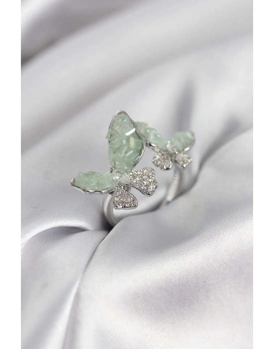 ® Gümüş Renk Su Yeşili Kelebek Model Zirkon Taşlı Kadın Yüzük