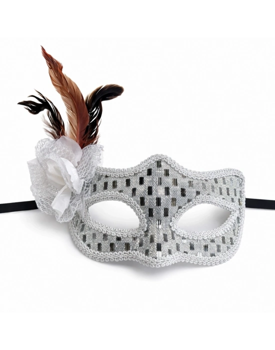 ® Gümüş Renk Tüylü Balo Maskesi Kadın Parti Aksesuarı