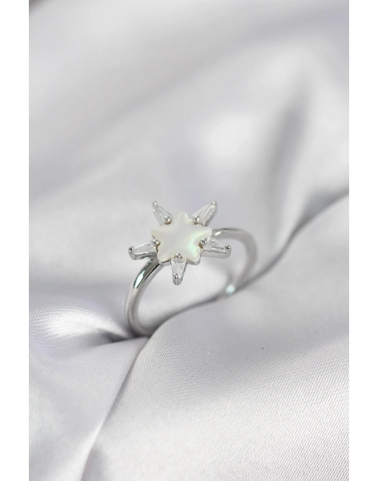 ® Gümüş Renk Yıldız Model Sedefli Zirkon Taşlı Kadın Yüzük