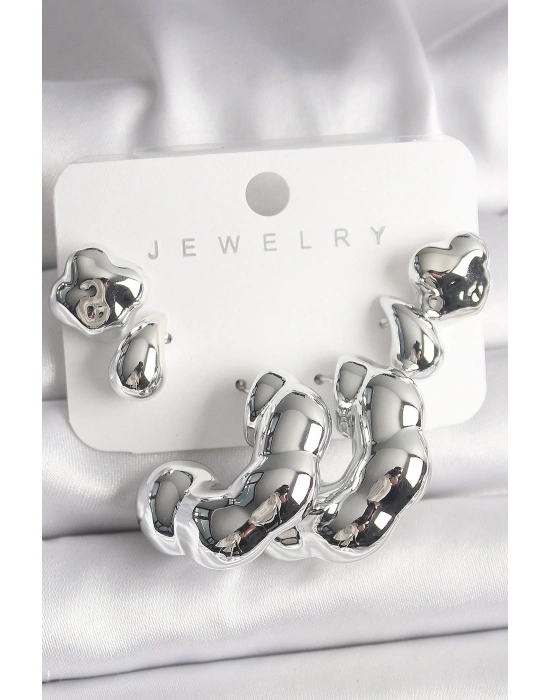 Gümüş Renk Yonca Damla Halka Model CCB Plastik Kadın Küpe Seti