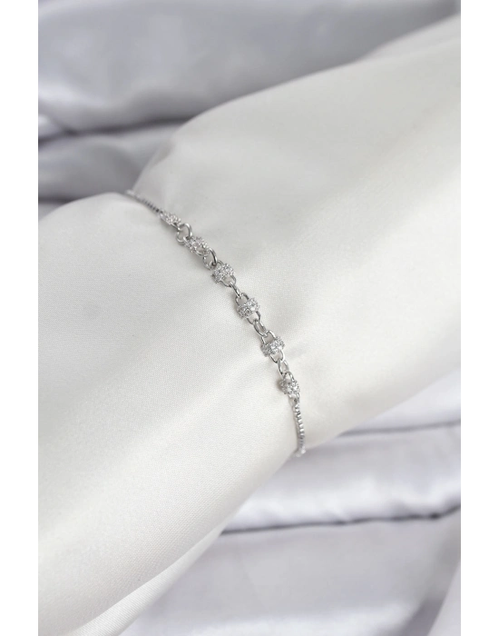 ® Gümüş Renk Zincir Model Zirkon Taşlı Pirinç Asansörlü Kadın Bileklik