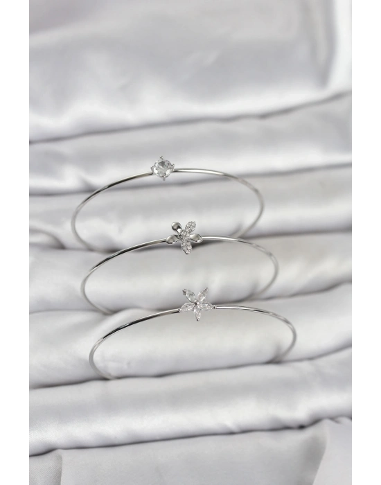 ® Gümüş Renk Zirkon Taşlı Pirinç 3lü Kadın Bileklik Kombini