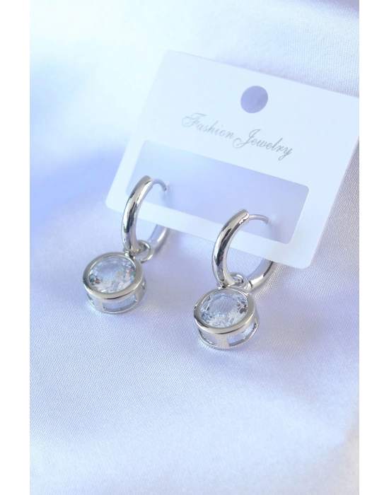 ® Gümüş Renk Zirkon Taşlı Pirinç Kadın Küpe