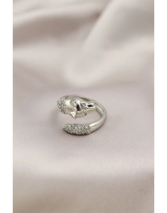 ® Gümüş Renkli Metal Kaplan Model Zirkon Taşlı Kadın Yüzük