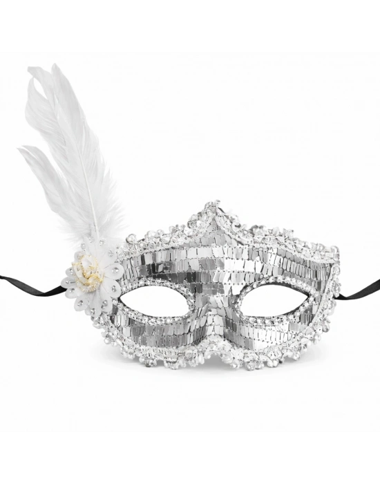 Gümüş Tüylü Payetli Lüks Taşlı Parti Maskesi