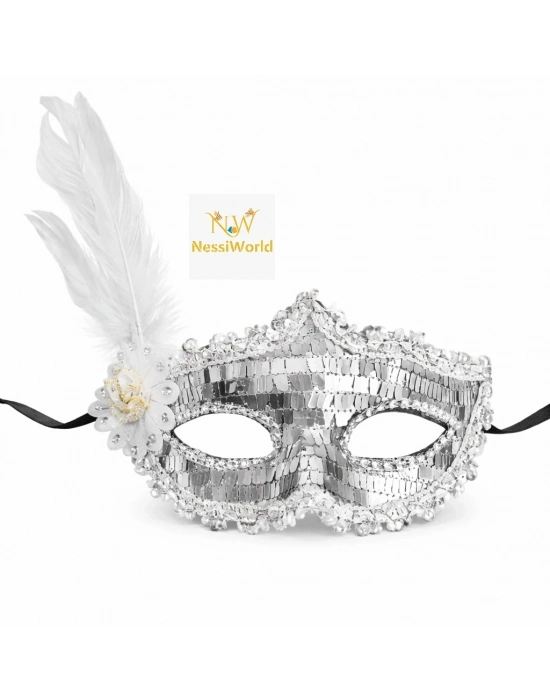 Gümüş Tüylü Payetli Lüks Taşlı Parti Maskesi