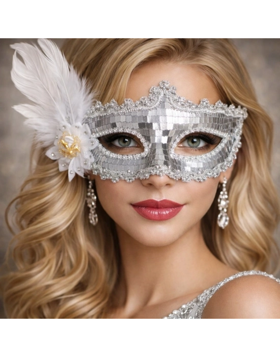 Gümüş Tüylü Payetli Lüks Taşlı Parti Maskesi