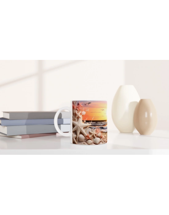 Gün Batımı Işığında Yıldızlar ve Kabuklar Su Altı Temalı Kupa Bardak