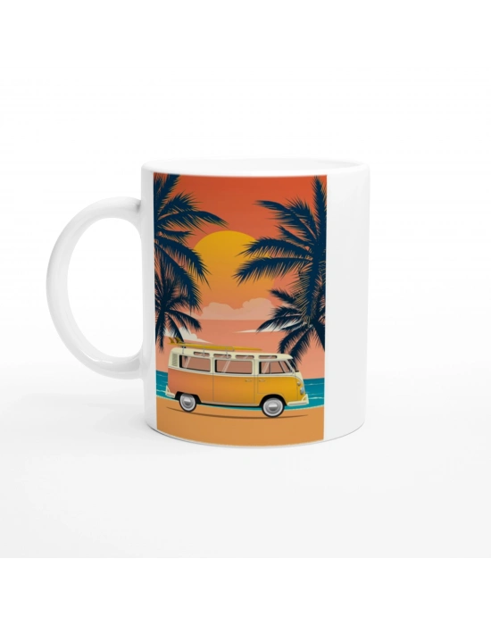 Gün Batımında Palmiye ve Surf Minibüsü Temalı Retro Kupa Bardak