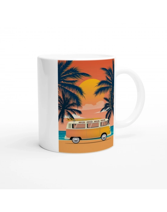 Gün Batımında Palmiye ve Surf Minibüsü Temalı Retro Kupa Bardak