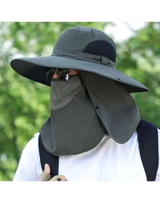 ®  Güneş Koruyuculu Nefes Alabilen Maskeli ve Boyun Kapaklı Geniş Kenarlı Balıkçı Şapkası