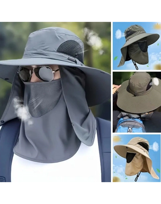 ®  Güneş Koruyuculu Nefes Alabilen Maskeli ve Boyun Kapaklı Geniş Kenarlı Balıkçı Şapkası