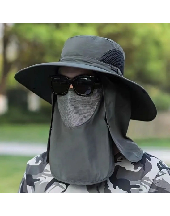 ®  Güneş Koruyuculu Nefes Alabilen Maskeli ve Boyun Kapaklı Geniş Kenarlı Balıkçı Şapkası