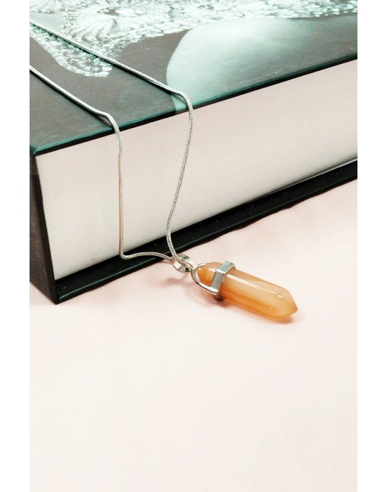 Güneş Taşı Doğal Taşı Zincirli El Yapımı Tasarımlı Kolye Uç: 3,5 cm Zincir: 20 cm Kutulu