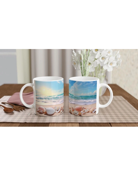 Güneşli Sahilde Deniz Kabukları Su Altı Temalı Kupa Bardak