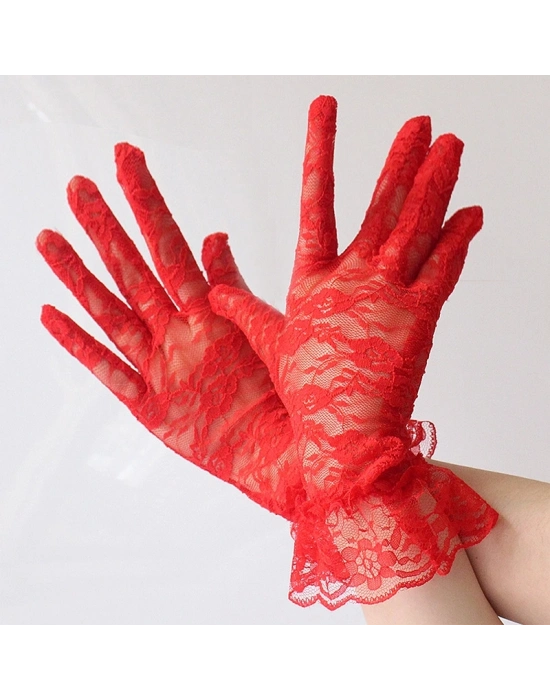 Güpürlü Bilek Boyu Kırmızı Dantel Eldiven Yetişkin