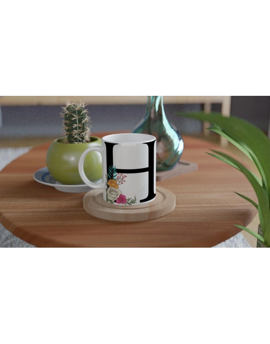 H Harfi Çiçek Motifli Kupa Bardak
