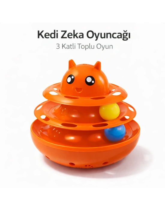 Hacıyatmaz Kedi Oyuncağı 3 Katlı Toplu Zeka Oyuncağı 20x21 cm – Devrilmez Interaktif Mama Oyuncağı