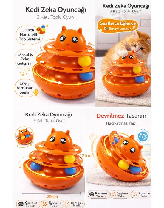 Hacıyatmaz Kedi Oyuncağı 3 Katlı Toplu Zeka Oyuncağı 20x21 cm – Devrilmez Interaktif Mama Oyuncağı