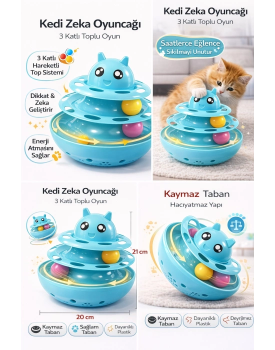 Hacıyatmaz Kedi Oyuncağı 3 Katlı Toplu Zeka Oyuncağı 20x21 cm – Devrilmez Interaktif Mama Oyuncağı
