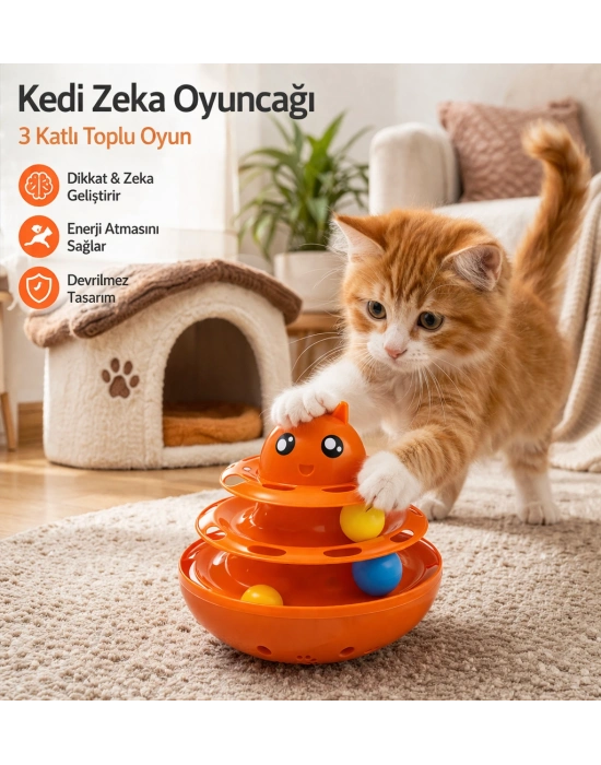 Hacıyatmaz Kedi Oyuncağı 3 Katlı Toplu Zeka Oyuncağı 20x21 cm – Devrilmez Interaktif Mama Oyuncağı