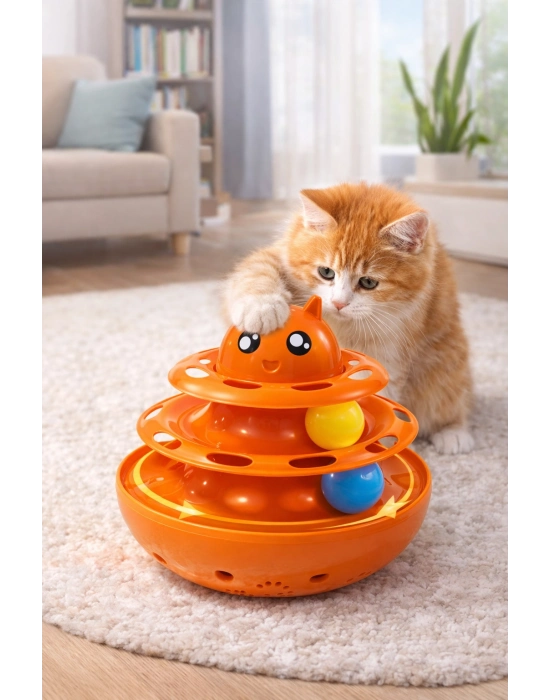 Hacıyatmaz Kedi Oyuncağı 3 Katlı Toplu Zeka Oyuncağı 20x21 cm – Devrilmez Interaktif Mama Oyuncağı