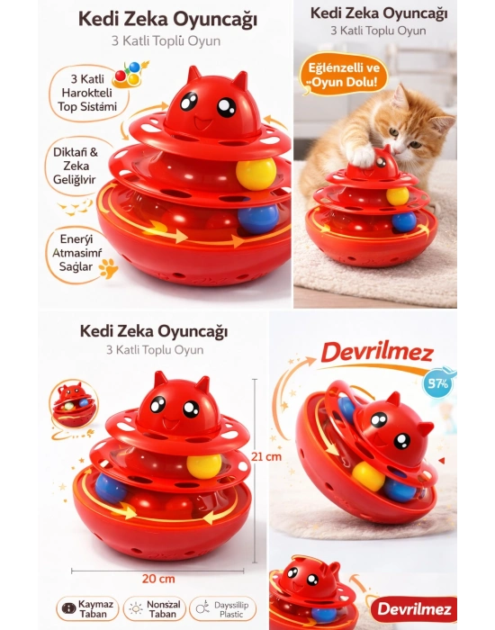 Hacıyatmaz Kedi Oyuncağı 3 Katlı Toplu Zeka Oyuncağı 20x21 cm – Devrilmez Interaktif Mama Oyuncağı