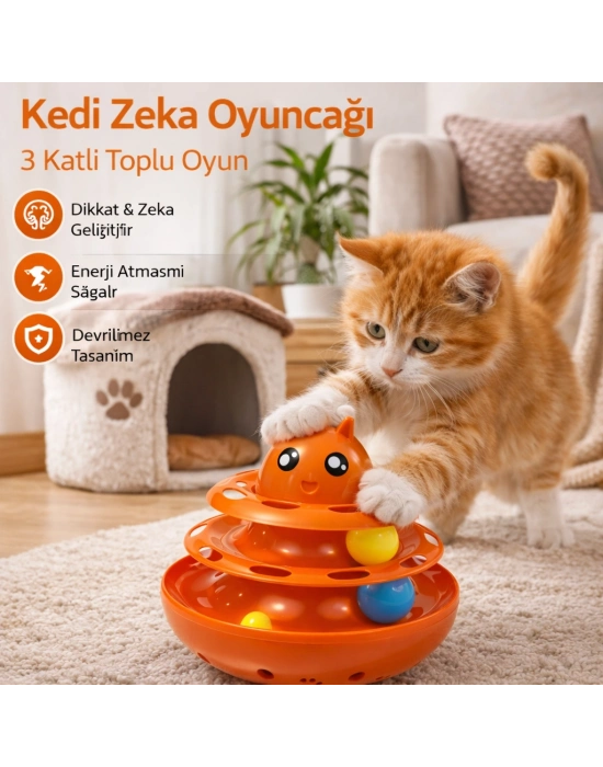 Hacıyatmaz Kedi Oyuncağı 3 Katlı Toplu Zeka Oyuncağı 20x21 cm – Devrilmez Interaktif Mama Oyuncağı