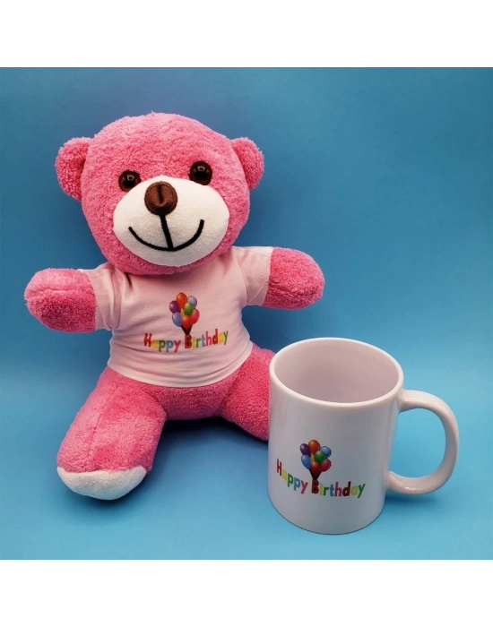 Happy Birthday Tasarım Pembe Ayıcık Ve Kupa Seti