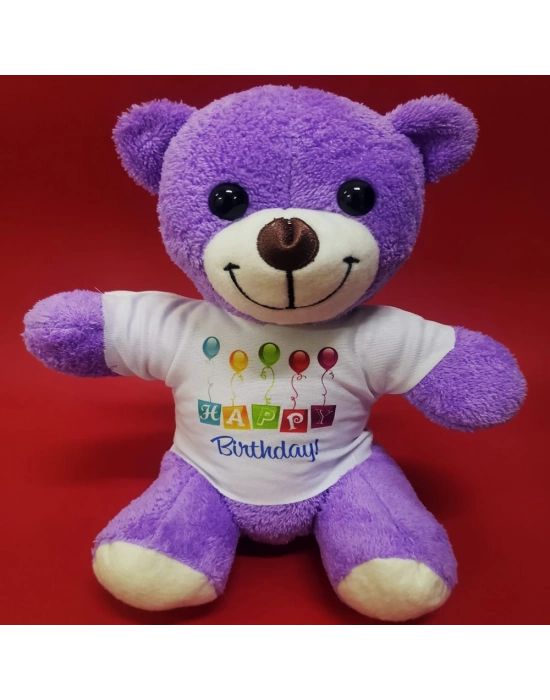 Happy Birthday Tişörtlü Peluş Mor Ayıcık