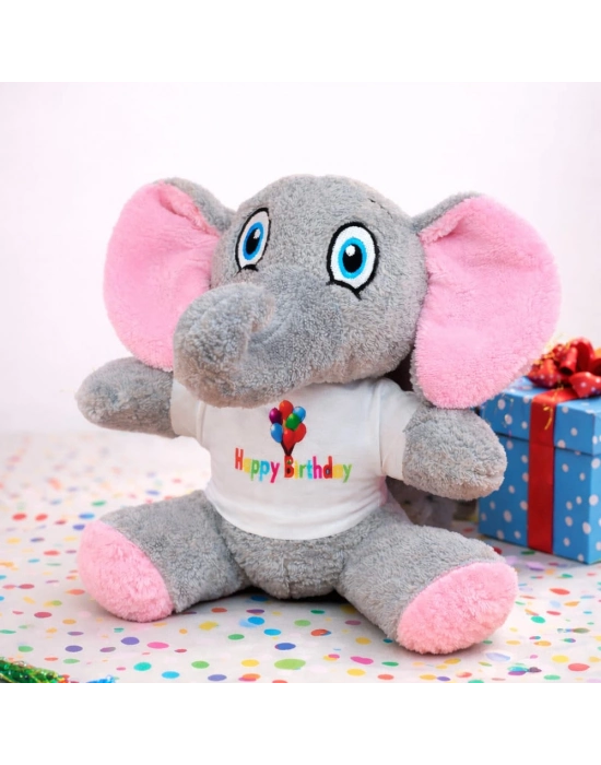Happy Birthday Tişörtlü Sevimli Peluş Fil