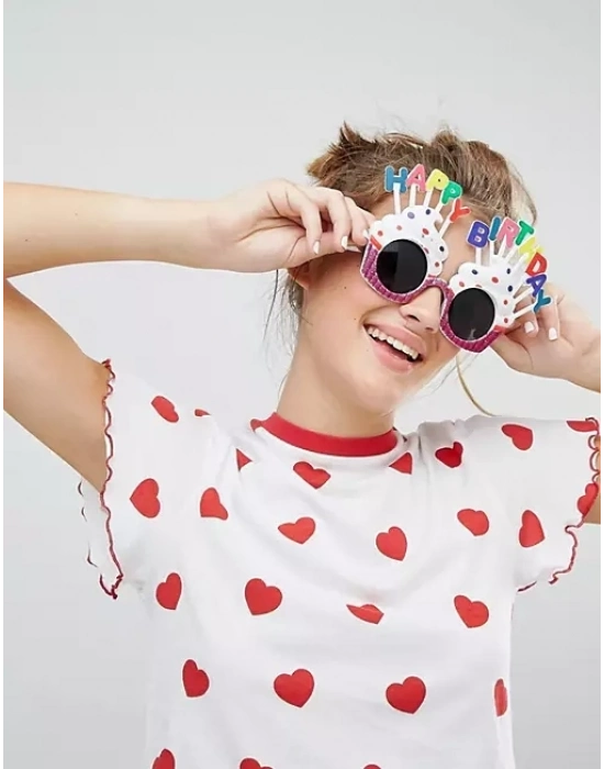 Happy Birthday Yazılı Beyaz Fuşya Renk Parti Gözlüğü 12x7 Cm