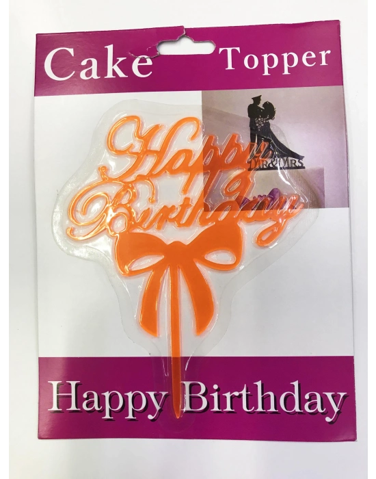 Happy Birthday Yazılı Fiyonklu Pasta Kek Çubuğu Turuncu Renk