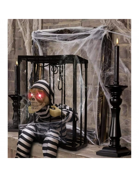 Hareketli Sesli Sensörlü Mahkum Görünümlü Kuru Kafa İskelet Dekorasyon 22x27 Cm