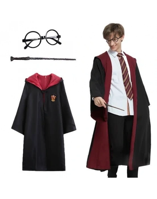 Harry Potter Gryffindor Kapişonlu Çocuk Kostüm + Asa + Gözlük Seti 9-10 Yaş